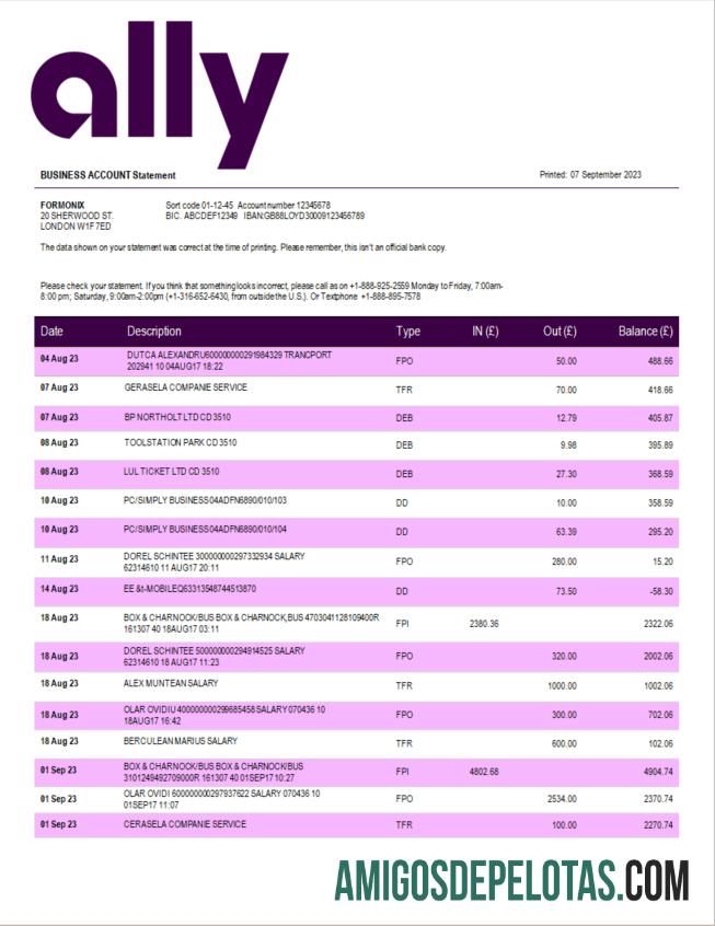 Baixável Ally Bank Enterprise Statement modelo Word e PDF